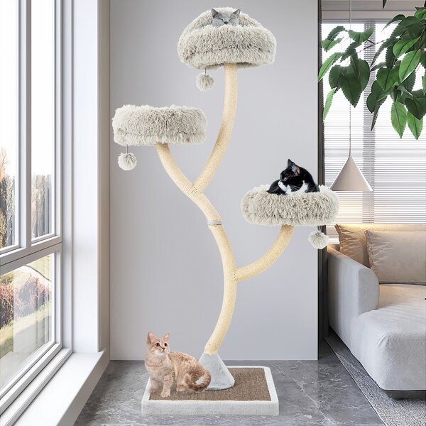 Costway Albero per gatti alto 178cm con telaio in metallo pali e tavoletta tiragraffi in sisal, Torre per gatti Grigio