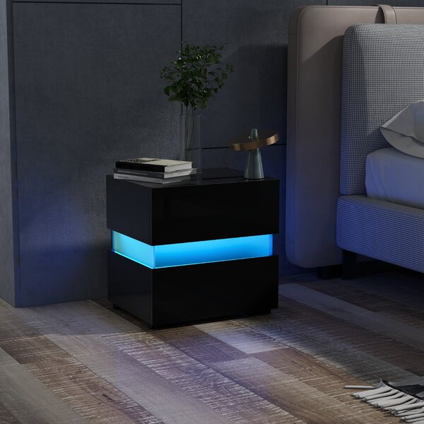 Costway Comodino a LED con cassetti telecomando 22 modalità di luce 10 velocità, Tavolino laterale moderno da salotto Nero