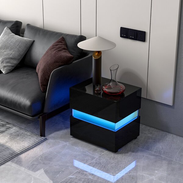 Costway Comodino a LED con cassetti telecomando 22 modalità di luce 10 velocità, Tavolino laterale moderno da salotto Nero