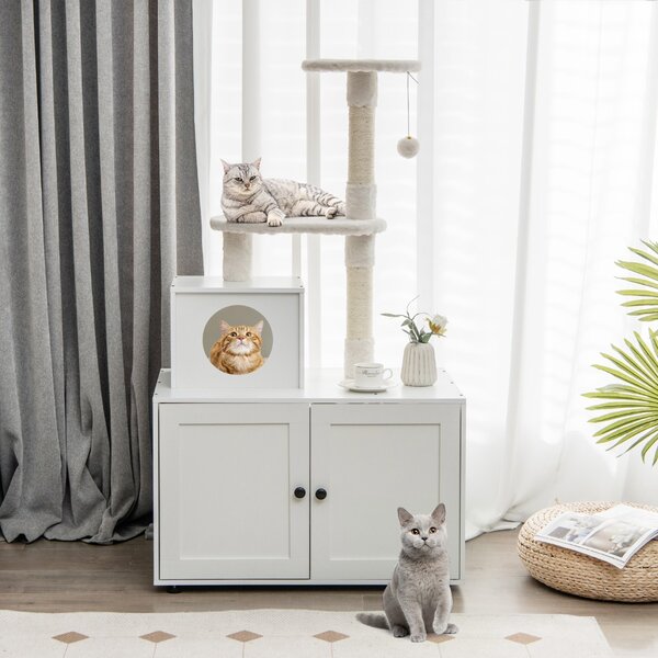Costway Casa per lettiera per gatti in legno con torre pallina tintinnante divisorio, Mobile per gatti da interno Bianco