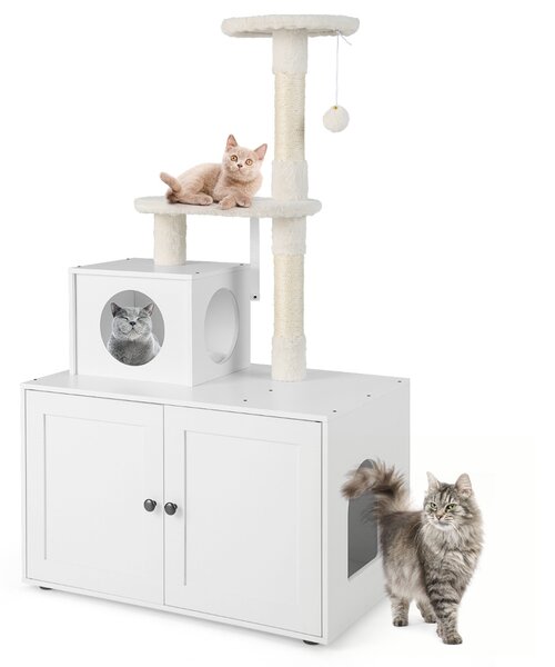Costway Casa per lettiera per gatti in legno con torre pallina tintinnante divisorio, Mobile per gatti da interno Bianco