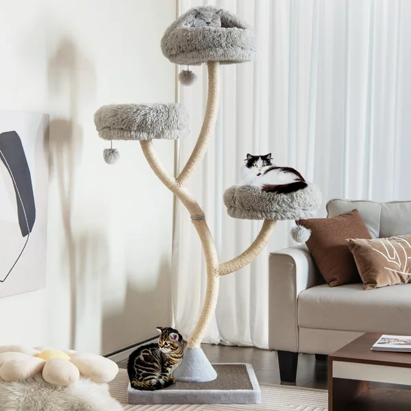 Costway Albero per gatti alto 178cm con telaio in metallo pali e tavoletta tiragraffi in sisal, Torre per gatti Grigio