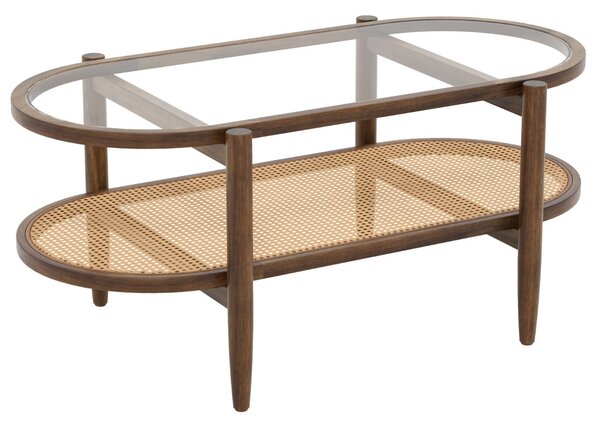 Costway Tavolino da caffè a 2 piani cornice in legno d'acacia, Tavolo da salotto in rattan PE con piano in vetro Marrone