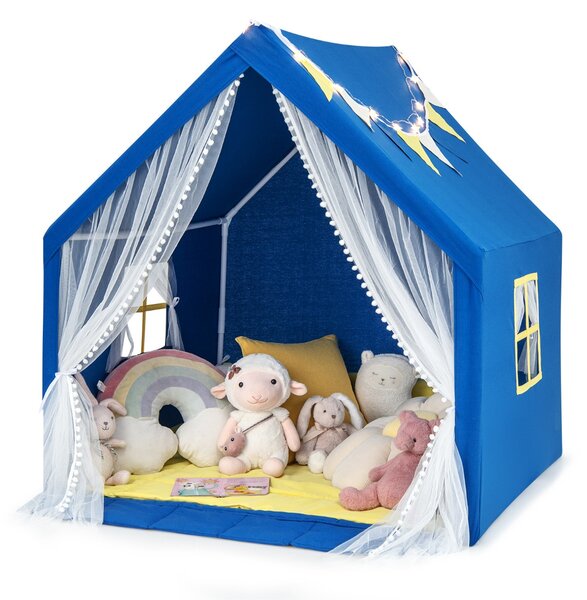 Costway Tenda da gioco per bambini con tappeto in cotone lavabile luci stellari finestre, Casa da gioco 122x105x125cm Blu