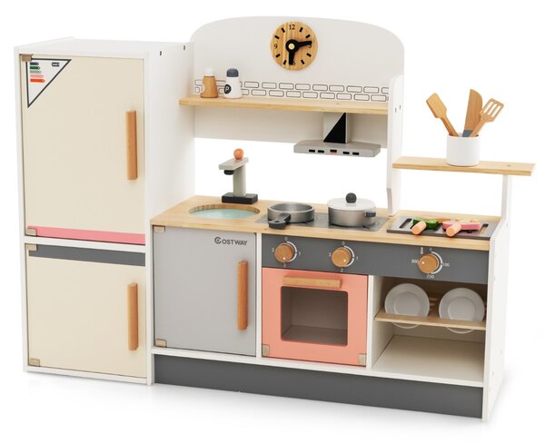 Costway Cucina giocattolo per bambini 3 anni+ con frigorifero, Set da cucina in legno con lavandino e utensili da cucina