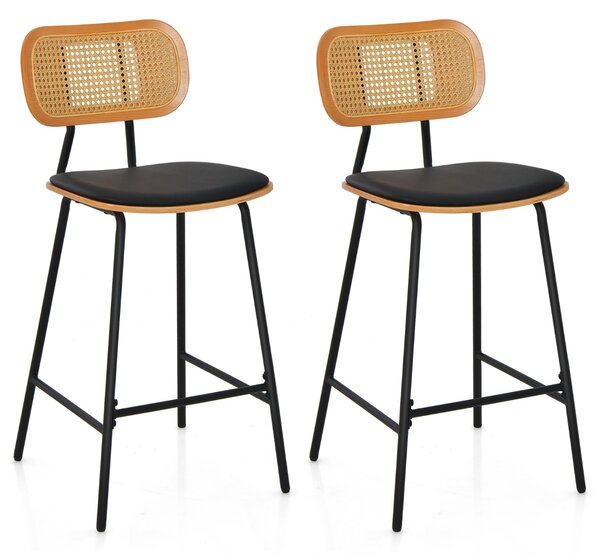 Costway Set di 2 Sgabelli da bar con schienale in rattan gambe in metallo, Sgabelli da bar in ecopelle portata 140kg Nero