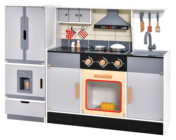 Costway Cucina giocattolo in legno con frigorifero e fornelli, Set da cucina per bambini 3 anni+ con forno e 3 scomparti