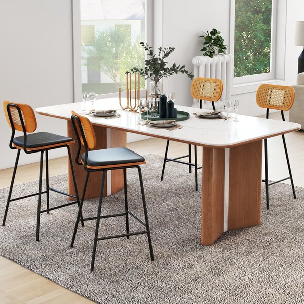 Costway Set di 2 Sgabelli da bar con schienale in rattan gambe in metallo, Sgabelli da bar in ecopelle portata 140kg Nero