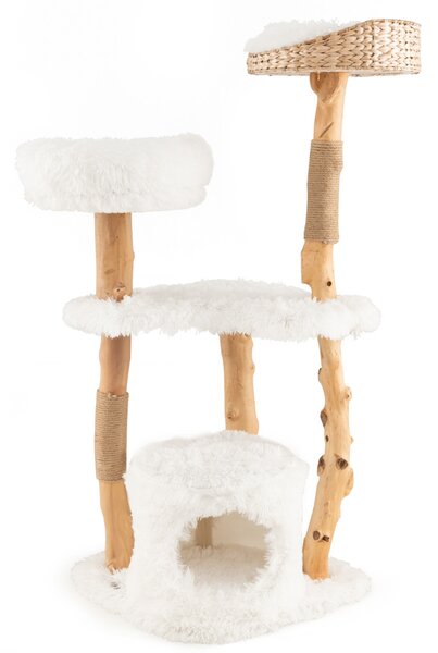 Costway Albero per gatti in legno massello alto 124cm, Albero tiragraffi da interno con pali di corda di juta Bianco