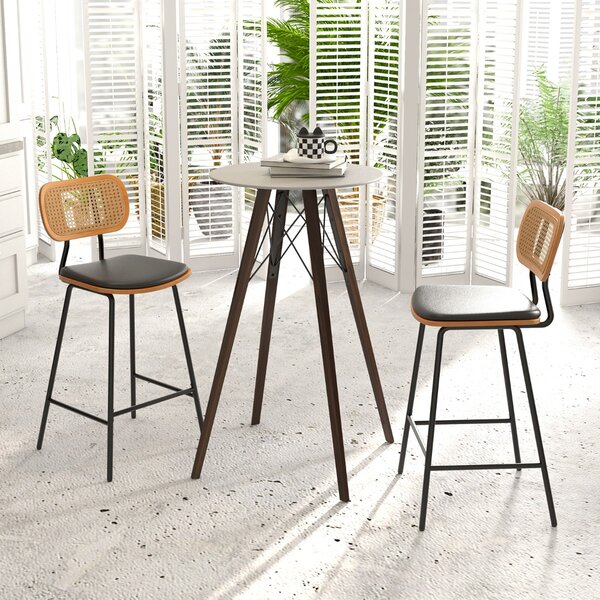 Costway Set di 2 Sgabelli da bar con schienale in rattan gambe in metallo, Sgabelli da bar in ecopelle portata 140kg Nero