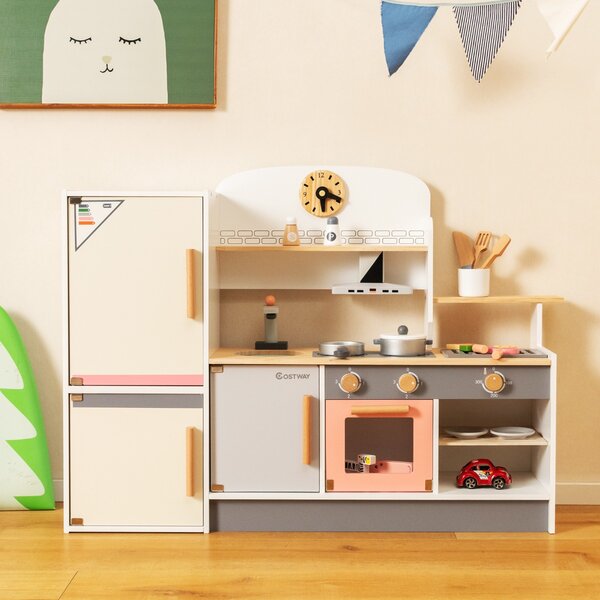 Costway Cucina giocattolo per bambini 3 anni+ con frigorifero, Set da cucina in legno con lavandino e utensili da cucina