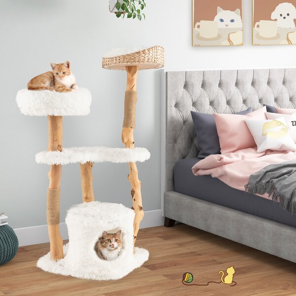 Costway Albero per gatti in legno massello alto 124cm, Albero tiragraffi da interno con pali di corda di juta Bianco