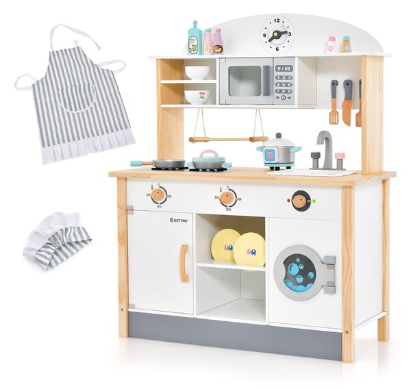 Costway Cucina giocattolo per bambini con forno a microonde e lavatrice in legno, Set da cucina per giochi di finzione