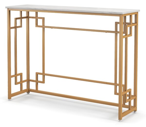 Costway Tavolo consolle da 110cm con cornice geometrica dorata piano effetto marmo, Tavolo da ingresso stretto Bianco