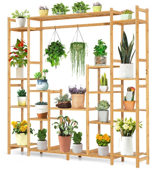 Costway Scaffale per piante in bambù a 9 livelli con barra per appendere, Supporto per piante 167x30x166cm Naturale