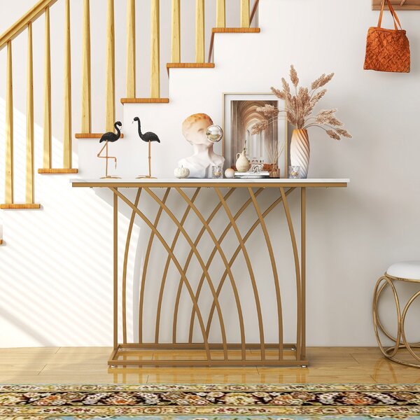 Costway Tavolo consolle da 120cm con piano effetto marmo base geometrica, Tavolo da ingresso lungo e stretto Bianco