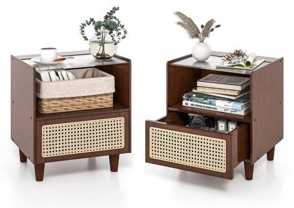 Costway Comodino in bambù e rattan con cassetto e gambe in legno massello, Tavolino da salotto boho 43x35x50cm Marrone 2 Pezzi