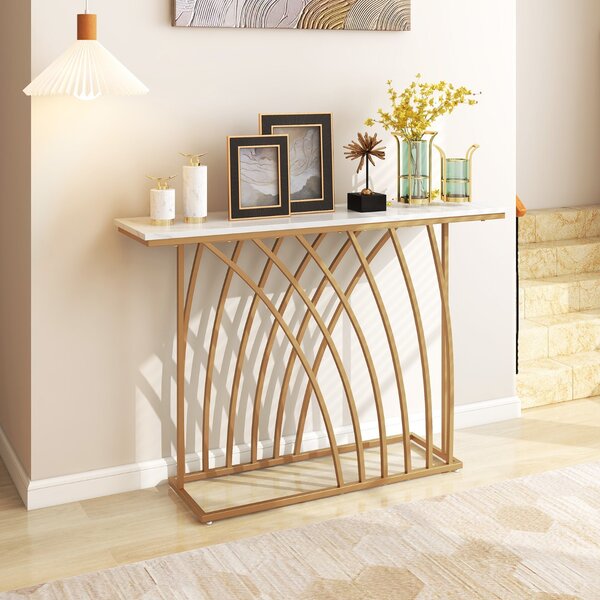 Costway Tavolo consolle da 120cm con piano effetto marmo base geometrica, Tavolo da ingresso lungo e stretto Bianco