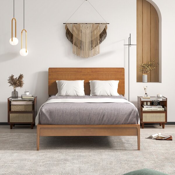 Costway Comodino in bambù e rattan con cassetto e gambe in legno massello, Tavolino da salotto boho 43x35x50cm Marrone 2 Pezzi