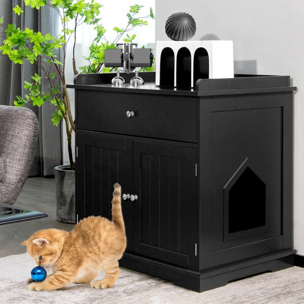 Costway Armadietto moderno lettiera per gatti, Mobile per lettiera per gatti con cassetto e 2 porte Nero