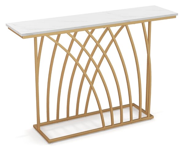 Costway Tavolo consolle da 120cm con piano effetto marmo base geometrica, Tavolo da ingresso lungo e stretto Bianco