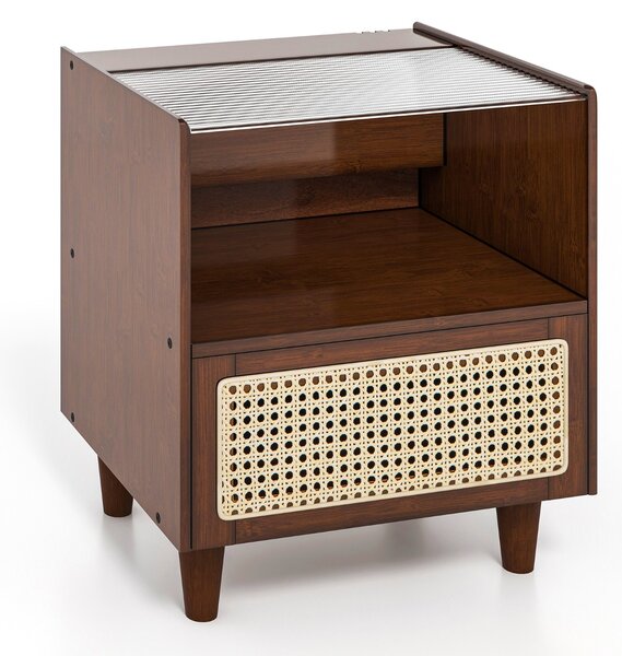 Costway Comodino in bambù e rattan con cassetto e gambe in legno massello, Tavolino da salotto boho 43x35x50cm Marrone 2 Pezzi