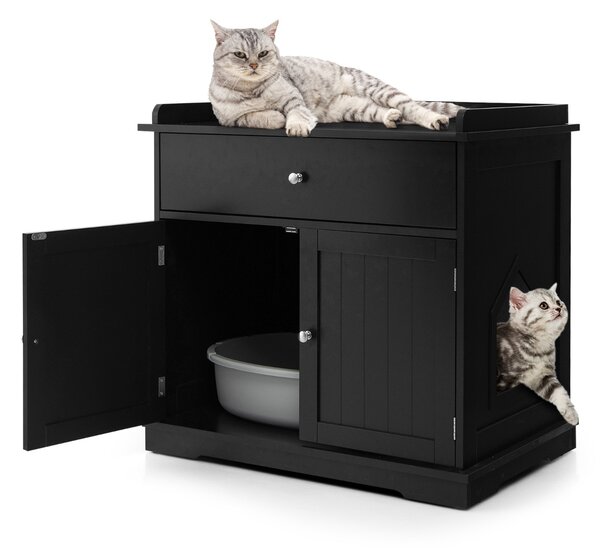 Costway Armadietto moderno lettiera per gatti, Mobile per lettiera per gatti con cassetto e 2 porte Nero