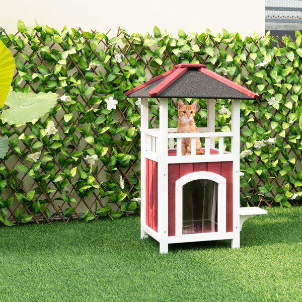 Costway Casetta per gatti da esterno con tetto in asfalto balcone tenda antipioggia, Casetta per animali in legno Rosso