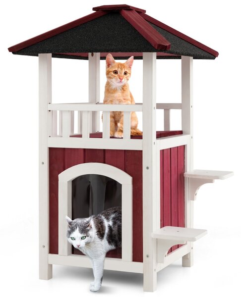 Costway Casetta per gatti da esterno con tetto in asfalto balcone tenda antipioggia, Casetta per animali in legno Rosso
