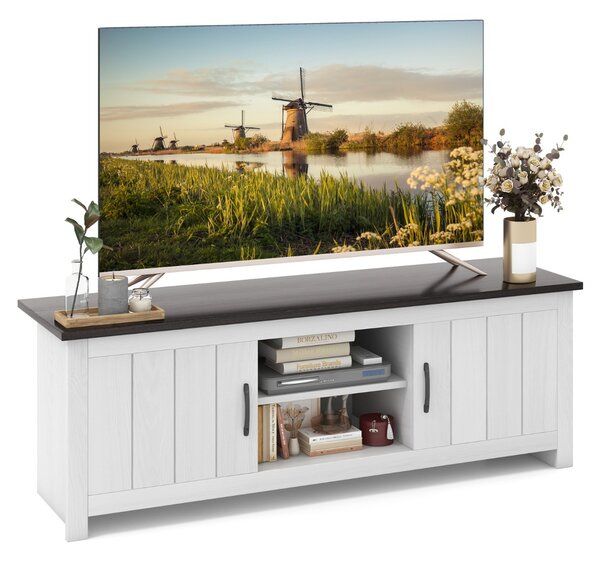 Costway Mobile TV da 145cm con 2 ante ripiani aperti 2 fori passacavi, Tavolino TV in legno per soggiorno Grigio Scuro