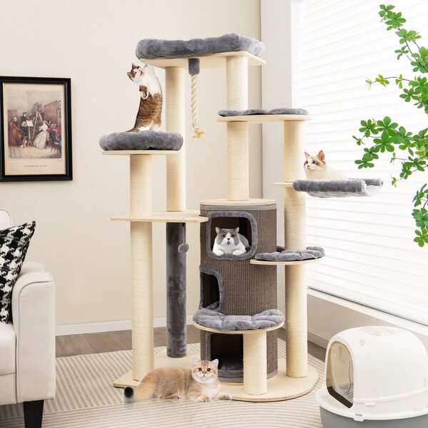 Costway Albero per gatti multi-livello con nicchia a 3 piani 2 cucce tiragraffi, Torre per gatti in legno da interno Grigio