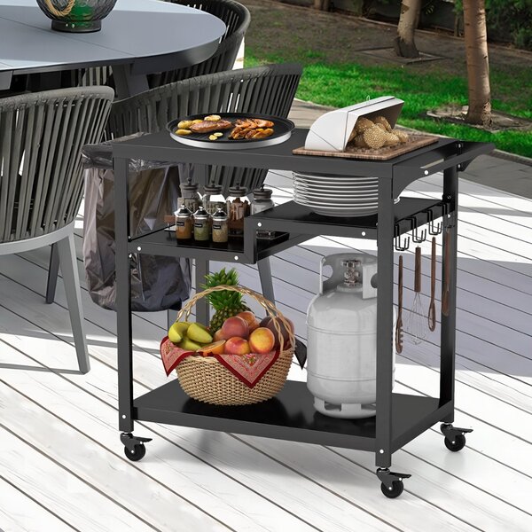 Costway Carrello barbecue da esterno con 3 ripiani 4 ruote bloccabili maniglia laterale, Carrello BBQ portatile Nero
