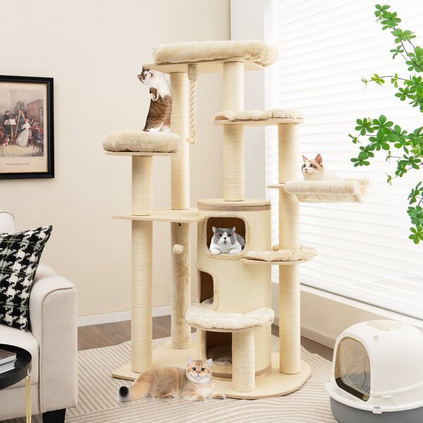 Costway Albero per gatti multi-livello con nicchia a 3 piani 2 cucce tiragraffi, Torre per gatti in legno da interno Beige