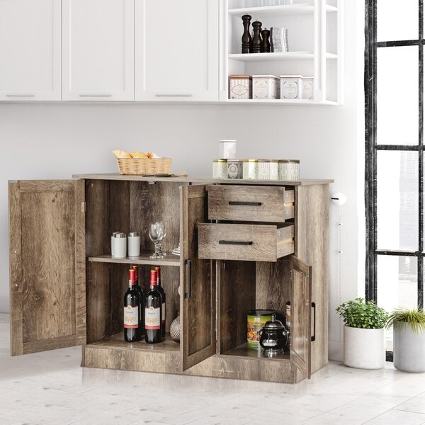 Costway Credenza da cucina con 2 cassetti 3 ante e 1 ripiano regolabile, Mobile buffet da terra multiuso Grigio
