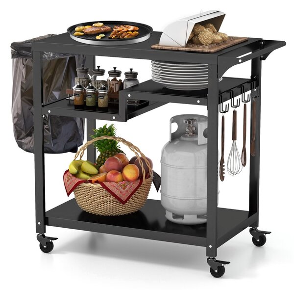 Costway Carrello barbecue da esterno con 3 ripiani 4 ruote bloccabili maniglia laterale, Carrello BBQ portatile Nero