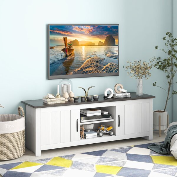 Costway Mobile TV da 145cm con 2 ante ripiani aperti 2 fori passacavi, Tavolino TV in legno per soggiorno Grigio Scuro