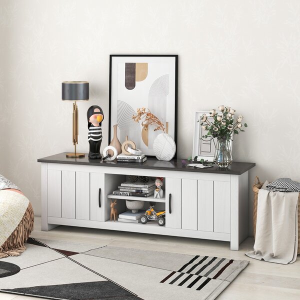 Costway Mobile TV da 145cm con 2 ante ripiani aperti 2 fori passacavi, Tavolino TV in legno per soggiorno Grigio Scuro