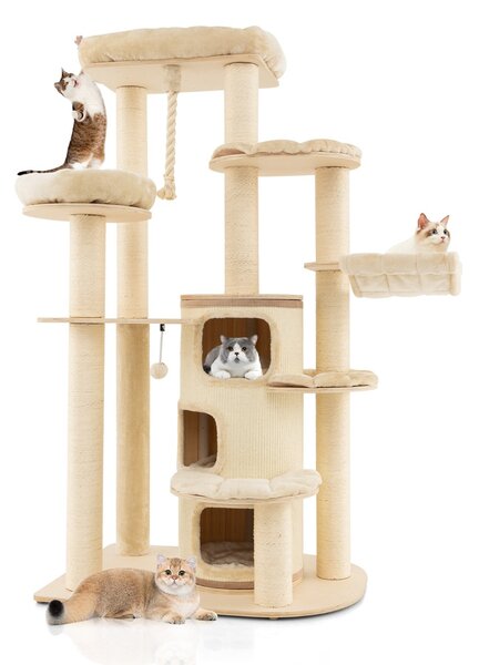 Costway Albero per gatti multi-livello con nicchia a 3 piani 2 cucce tiragraffi, Torre per gatti in legno da interno Beige