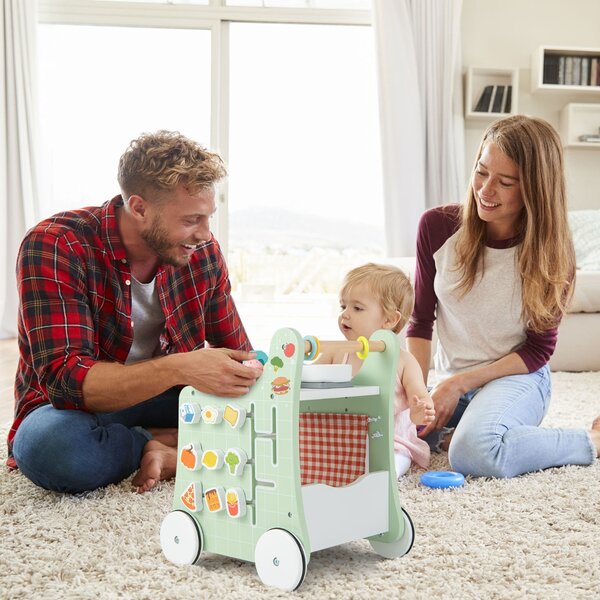 Costway Primi passi per bambini in legno 6 in 1, Carrellino primi passi per spingere e tirare con cucina giocattolo Verde