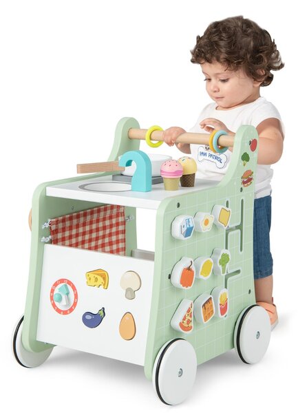 Costway Primi passi per bambini in legno 6 in 1, Carrellino primi passi per spingere e tirare con cucina giocattolo Verde