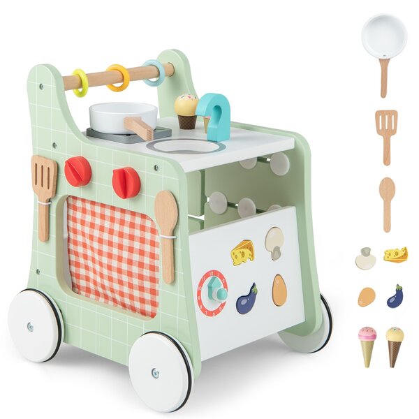 Costway Primi passi per bambini in legno 6 in 1, Carrellino primi passi per spingere e tirare con cucina giocattolo Verde