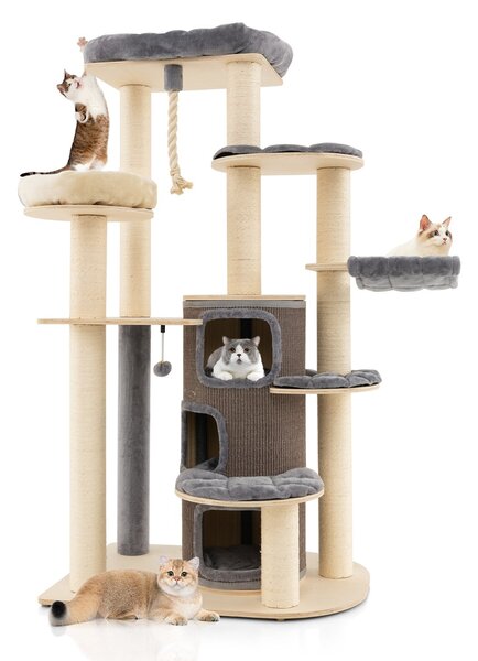 Costway Albero per gatti multi-livello con nicchia a 3 piani 2 cucce tiragraffi, Torre per gatti in legno da interno Grigio
