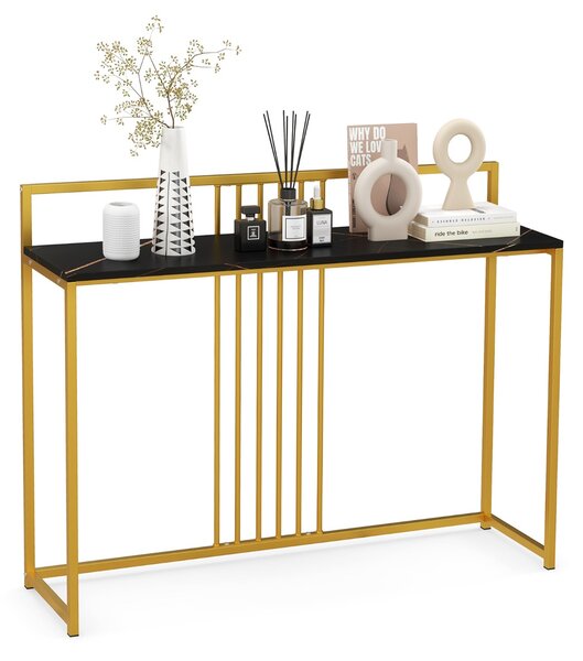 Costway Tavolo da ingresso lungo 120cm, Consolle con piano effetto marmorino sponda struttura in metallo dorato Nero