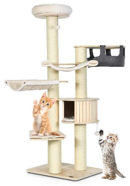Costway Albero per gatti alto 197cm con nicchia in legno amache e cestello sospeso, Torre per gatti a più livelli Beige
