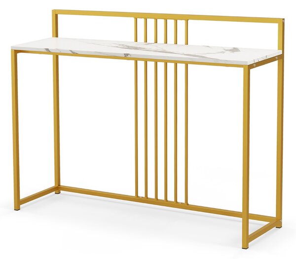 Costway Tavolo da ingresso lungo 120cm, Consolle con piano effetto marmorino sponda struttura in metallo dorato Bianco