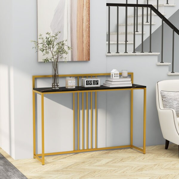 Costway Tavolo da ingresso lungo 120cm, Consolle con piano effetto marmorino sponda struttura in metallo dorato Nero