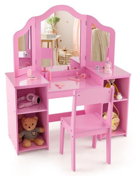 Costway Set tavolo da trucco sedia per bambini con specchio a 3 ante rimovibile, Set 2-in-1 di vanità per ragazze Rosa