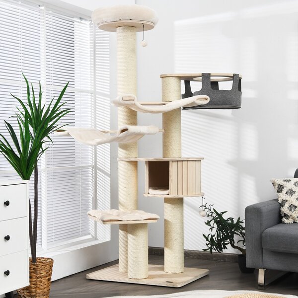 Costway Albero per gatti alto 197cm con nicchia in legno amache e cestello sospeso, Torre per gatti a più livelli Beige
