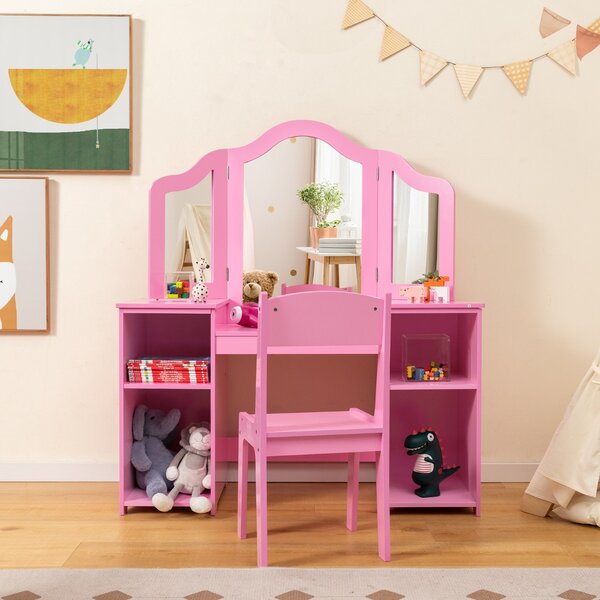 Costway Set tavolo da trucco sedia per bambini con specchio a 3 ante rimovibile, Set 2-in-1 di vanità per ragazze Rosa