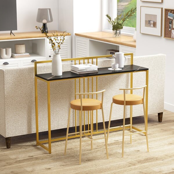 Costway Tavolo da ingresso lungo 120cm, Consolle con piano effetto marmorino sponda struttura in metallo dorato Nero